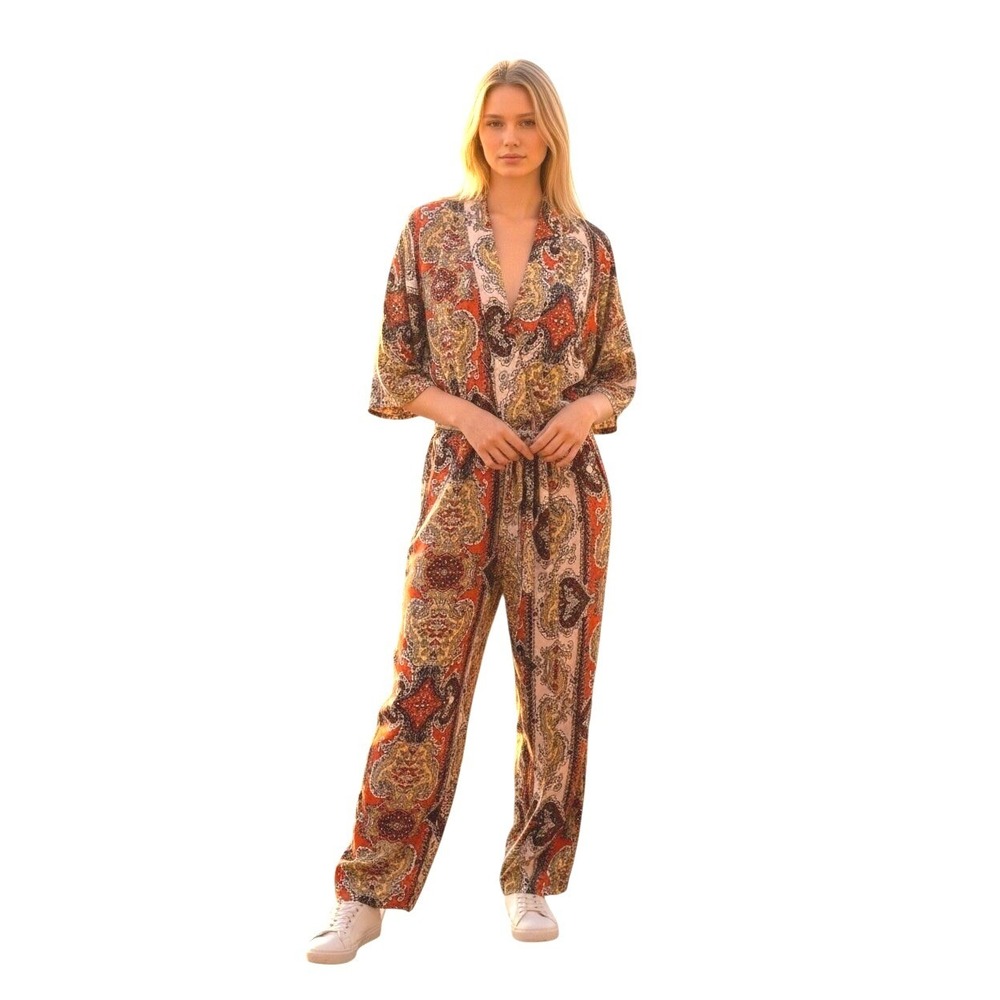 Cleobella Orange Boho Deep Plunge Paisley Tie Waist Keiko One Piece Jumpsuit - S